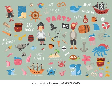 Cute Pirate elements collection. Cartoon sea adventures items set. Vector illustration.
