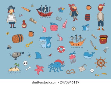 Cute Pirate elements collection. Cartoon sea adventures items set. Vector illustration.