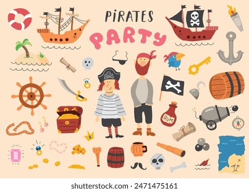 Cute Pirate elements collection. Cartoon sea adventures items set. Vector illustration.