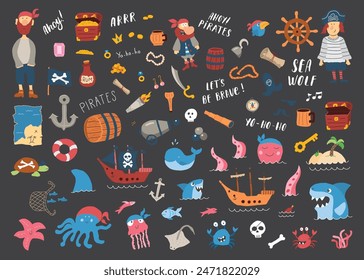 Cute Pirate elements collection. Cartoon sea adventures items set. Vector illustration.