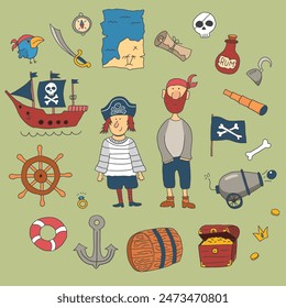 Cute Pirate elements collection. Cartoon sea adventures items set. Vector illustration.