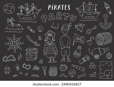 Cute Pirate elements collection. Cartoon sea adventures items set. Vector illustration.