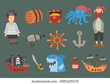 Cute Pirate elements collection. Cartoon sea adventures items set. Vector illustration.