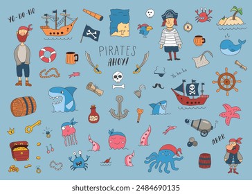 Cute Pirate elements collection. Cartoon sea adventures items set. Vector illustration.