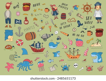 Cute Pirate elements collection. Cartoon sea adventures items set. Vector illustration.