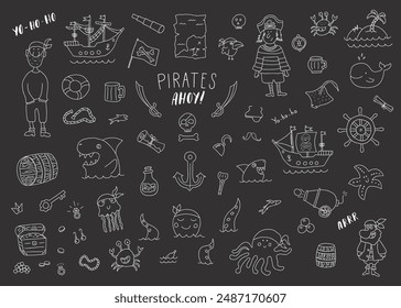 Cute Pirate elements collection. Cartoon sea adventures items set. Vector illustration.
