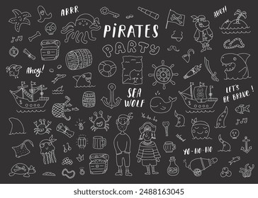 Cute Pirate elements collection. Cartoon sea adventures items set. Vector illustration.