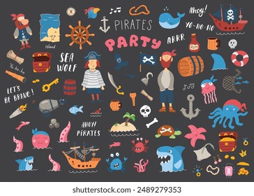 Cute Pirate elements collection. Cartoon sea adventures items set. Vector illustration.