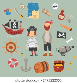 Cute Pirate elements collection. Cartoon sea adventures items set. Vector illustration.