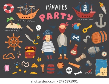 Cute Pirate elements collection. Cartoon sea adventures items set. Vector illustration.