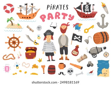 Linda colección de Elementos Pirata. Conjunto de artículos de aventuras de mar de dibujos animados. Ilustración vectorial.