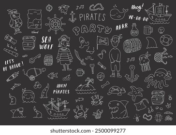 Cute Pirate elements collection. Cartoon sea adventures items set. Vector illustration.