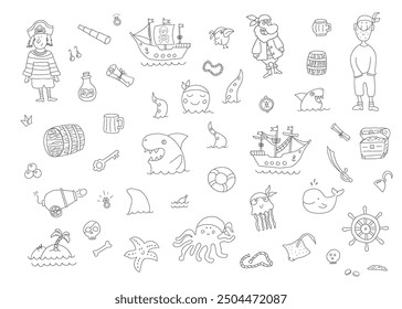 Cute Pirate elements collection. Cartoon sea adventures items set. Vector illustration.