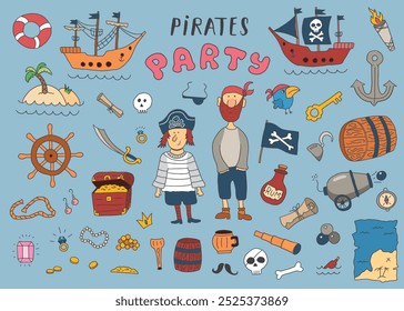 Cute Pirate elements collection. Cartoon sea adventures items set. Vector illustration.