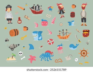 Cute Pirate elements collection. Cartoon sea adventures items set. Vector illustration.