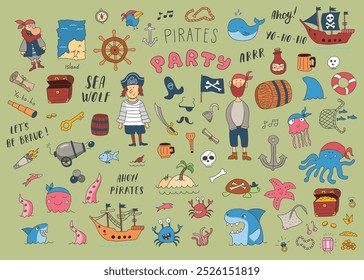 Cute Pirate elements collection. Cartoon sea adventures items set. Vector illustration.