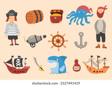 Cute Pirate elements collection. Cartoon sea adventures items set. Vector illustration.