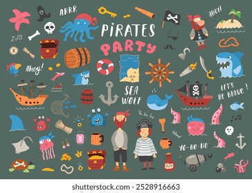 Cute Pirate elements collection. Cartoon sea adventures items set. Vector illustration.