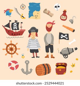 Cute Pirate elements collection. Cartoon sea adventures items set. Vector illustration.