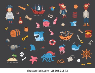 Cute Pirate elements collection. Cartoon sea adventures items set. Vector illustration.