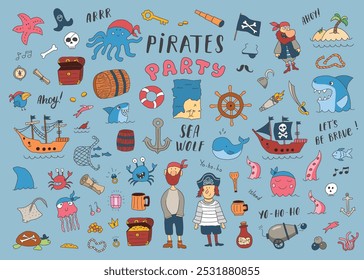 Cute Pirate elements collection. Cartoon sea adventures items set. Vector illustration.