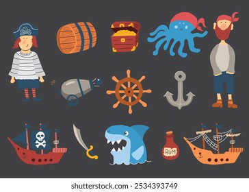 Cute Pirate elements collection. Cartoon sea adventures items set. Vector illustration.