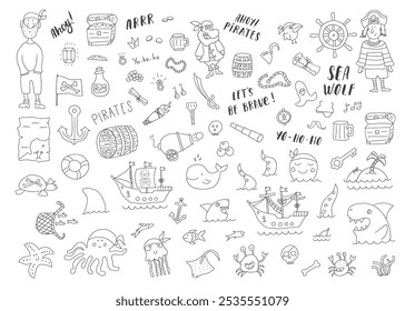 Cute Pirate elements collection. Cartoon sea adventures items set. Vector illustration.