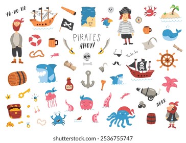 Cute Pirate elements collection. Cartoon sea adventures items set. Vector illustration.