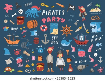 Cute Pirate elements collection. Cartoon sea adventures items set. Vector illustration.