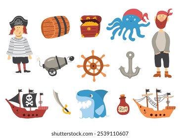 Cute Pirate elements collection. Cartoon sea adventures items set. Vector illustration.