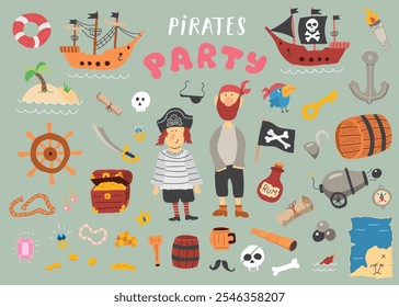 Cute Pirate elements collection. Cartoon sea adventures items set. Vector illustration.