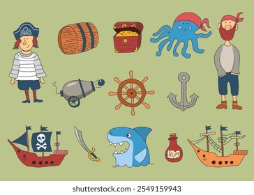 Cute Pirate elements collection. Cartoon sea adventures items set. Vector illustration.