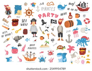 Cute Pirate elements collection. Cartoon sea adventures items set. Vector illustration.