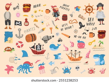 Cute Pirate elements collection. Cartoon sea adventures items set. Vector illustration.