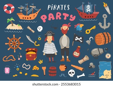 Cute Pirate elements collection. Cartoon sea adventures items set. Vector illustration.