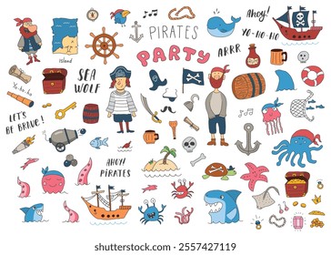 Cute Pirate elements collection. Cartoon sea adventures items set. Vector illustration.