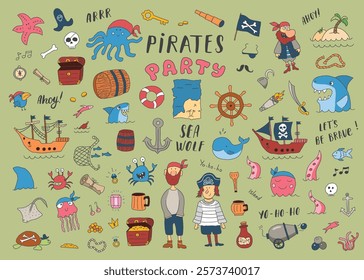 Cute Pirate elements collection. Cartoon sea adventures items set. Vector illustration.