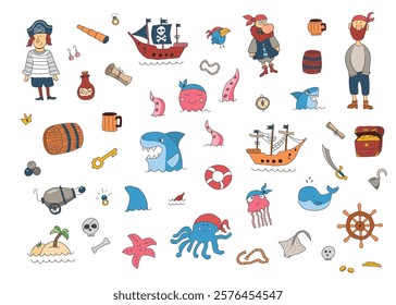 Cute Pirate elements collection. Cartoon sea adventures items set. Vector illustration.