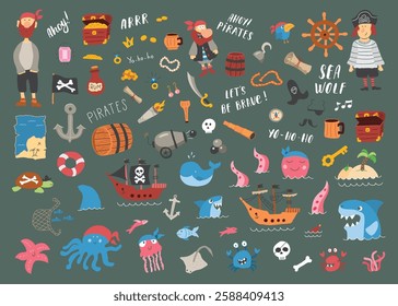 Cute Pirate elements collection. Cartoon sea adventures items set. Vector illustration.