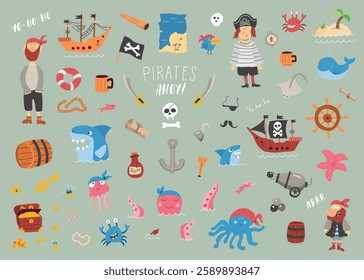 Cute Pirate elements collection. Cartoon sea adventures items set. Vector illustration.