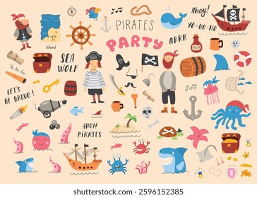 Cute Pirate elements collection. Cartoon sea adventures items set. Vector illustration.