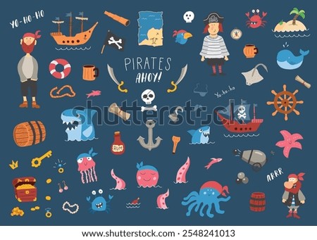 Cute Pirate elements collection. Cartoon sea adventures items set. Vector illustration.