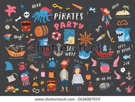 Cute Pirate elements collection. Cartoon sea adventures items set. Vector illustration.