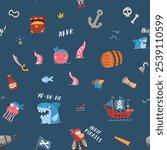 Cute Pirate elements Seamless Pattern. Cartoon items Pirate and objects. background. Vector illustration.