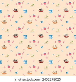 Cute Pirate elements Seamless Pattern. Cartoon items Pirate and objects. background. Vector illustration.