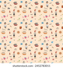 Cute Pirate elements Seamless Pattern. Cartoon items Pirate and objects. background. Vector illustration.