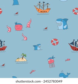 Cute Pirate elements Seamless Pattern. Cartoon items Pirate and objects. background. Vector illustration.