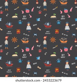 Cute Pirate elements Seamless Pattern. Cartoon items Pirate and objects. background. Vector illustration.