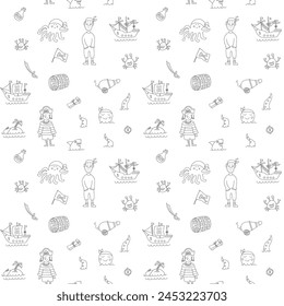 Cute Pirate elements Seamless Pattern. Cartoon items Pirate and objects. background. Vector illustration.
