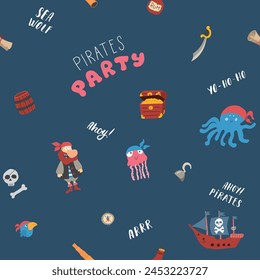Cute Pirate elements Seamless Pattern. Cartoon items Pirate and objects. background. Vector illustration.